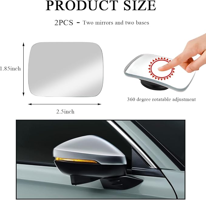2 PCS Car Blind Spot Mirror, Fan Shaped HD Glass Convex 360° Rotating Wide Angle Side Mirror, Frameless Car Blindspot Mirror for Larger Image and Traffic Safety (Rectangular)