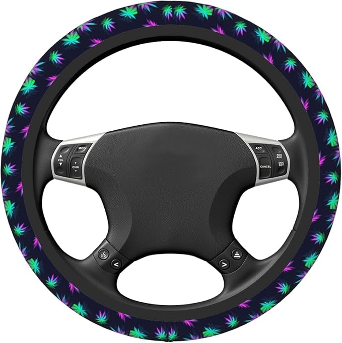 Elastic Weed Leaves Neon Colorful Black Car Steering Wheel Cover Protector Upgrade Thicken,Anti Slip Soft Car Accessories for Diverse Cars Truck SUV for Men Women Universal 15 Inch