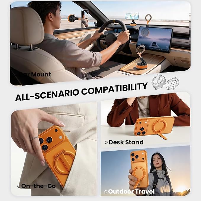 Magnetic Car Phone Mount, 2-in-1 Detachable Ring Stand for Desk & Dashboard, 360° Triple Axis Windshield Holder, N52 Strong Magnet, Universal Fit, Includes 2 Metal Plates, (orange)