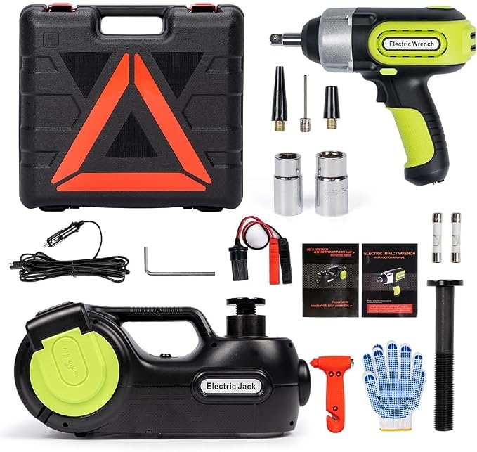 Electric Car Jack Kit 5 Ton,Hydraulic Car Jack Lift DC12V with Electric Impact Wrench & Inflator for SUV MPV Sedan Truck Tire Change & Garage Repair（Lifting Range 6.1-21.7 inch）