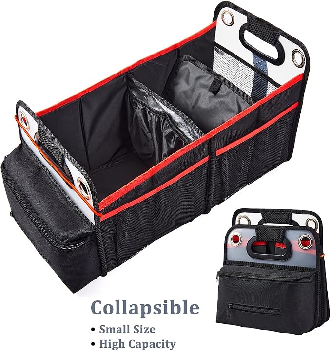 Car Trunk Organizer, Collapsible Back Seat Storage with Insulated Drinks Holder, Water Resistant Backseat Organizer for Diapers, Toys, Snacks, Books & More