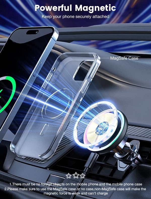 for Magsafe Car Mount Charger-15W Wireless Car Charger-Magnetic Car Phone Holder for Dash Air Vent-LED RGB HandsFree Car Mount Fast Car Charger for iPhone 14/13/12 Series