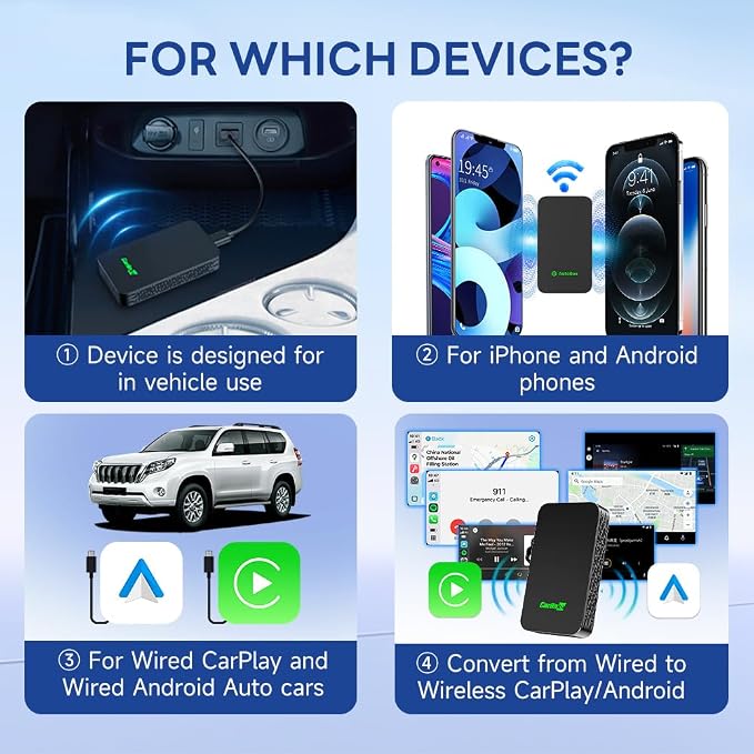 5.0 Wireless CarPlay/Android Auto Adapter USB for Factory Wired Cars (Model Year: 2015 to 2026), Convert Wired Apple CarPlay & Android Auto to Wireless Dongle, Fit in-Dash Navigation