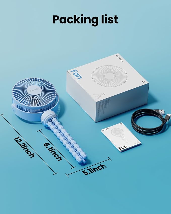 Mini Portable Stroller Fan, Battery Operated Small Clip on, Detachable 3 Speed Rechargeable, 360° Rotate Flexible Tripod Better Cooling for Car Seat Crib Treadmill Travel Blue