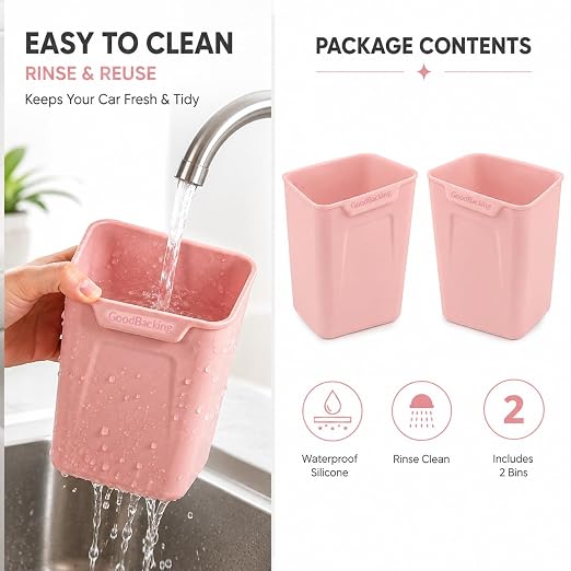 Pink Car Door Trash Can 2 Pack, Mini Silicone Auto Garbage Bin for Front Door Pockets, Waterproof Small Car Trash Holder with Reinforced Stay-Open Rim, Cute Car Accessories for Women