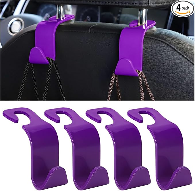 Car Seat Headrest Hook, 4PCS Vehicle Seat Back Hanger Storage Organizer for Purse Bag Coat, Auto Interior Hanging Holder Organization Accessories, Universal for SUV Sedan Truck (Purple)