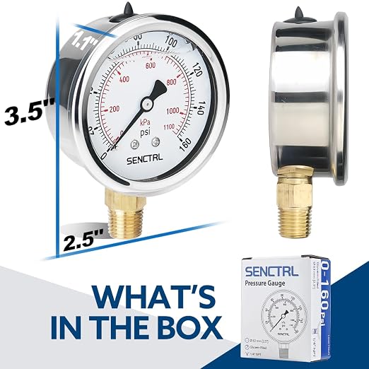 0-160 Psi Glycerin Liquid Filled Air Pressure Gauge, 2.5" Dial Size, 1/4" NPT Lower Mount, Stainless Steel Case, Water Pump, Tire, Large Air Compressor, Well Pump, RV Regulator Pressure Test
