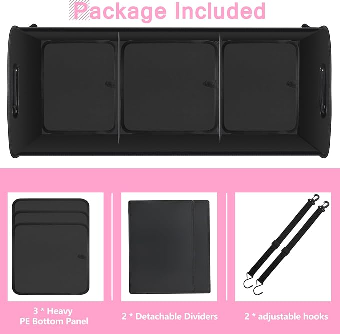 Trunk Organizer for Car, 95L Large Capacity Trunk Storage with Non-Slip Bottom Strips, Cargo Organizer for Suv, Truck, Sedan, Waterproof Portable Car Organizers for Women Men(Pink)
