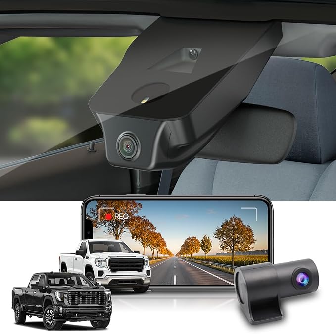 Front 4K+Rear 1080P Dash Cam Adapts for GMC Sierra 2020-2026 (HD2-6275, Small Cover) 1500 2500HD 3500HD, OEM Look, Dual HD Video, WiFi & APP, Loop Recording, G-Sensor, Easy to Use, 128GB Card