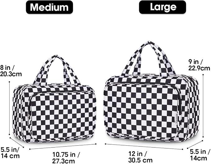 Travel Toiletry Bag for Women Large Hanging Makeup Bag Organizer Toiletries Bag for Full Size Essentials Accessories Cosmetics (Black Checkerboard (Large))