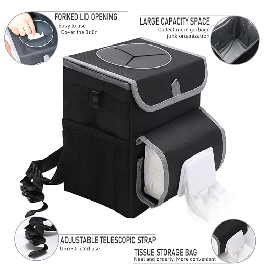 Car Trash Can with Lid,Bag Hanging Storage Pockets,Adjustable Tissue Holder & Straps,Portable Waterproof Garbage Bin, 1.98 Gal Large Capacity Multipurpose Bin