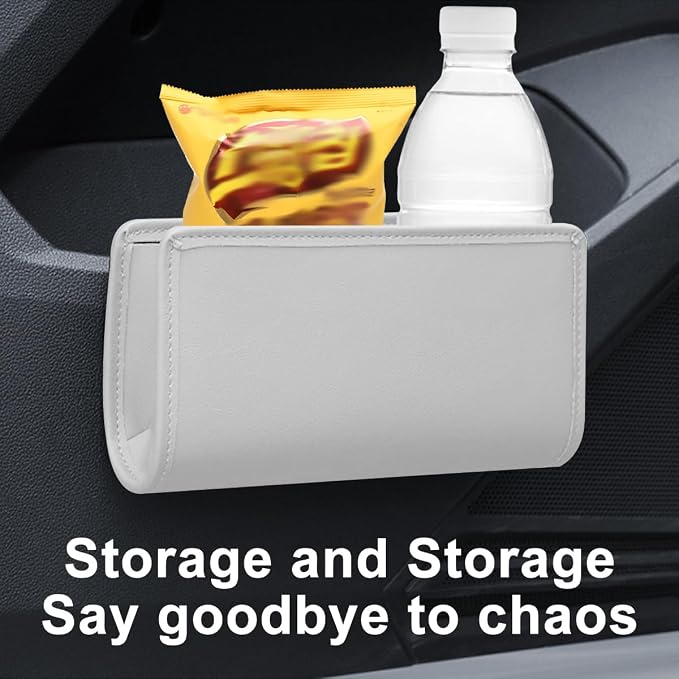 Car Seat Side Storage Pocket, Leather Hanging Foldable Multifunctional Vehicle Front Door Back Organizer Box, Waterproof Auto Interior Organizing Container, Universal fit(White)