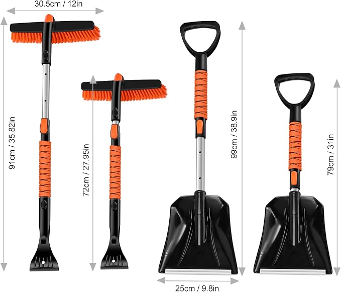Ice Scraper with Snow Brush and Snow Shovel, 35" Extendable Snow Remover with Foam Grip, 360° Pivoting Brush Head for Car Windshield, Emergency Snow Scraper for SUV Truck Vehicle, Orange