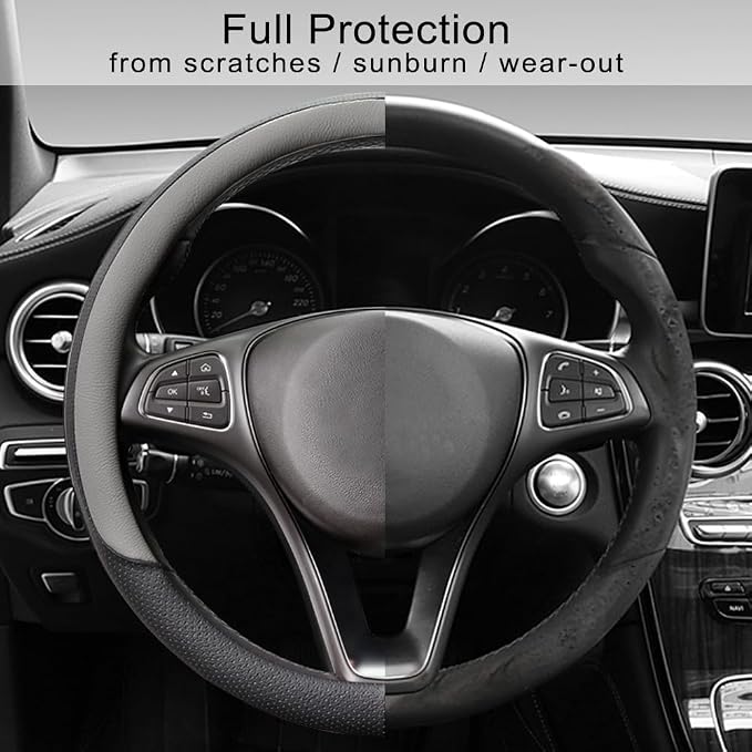 Breathable Steering Wheel Cover Microfiber Leather with Center Mark Design Universal Medium Size 14 1/2-15 Inch Gray and Black