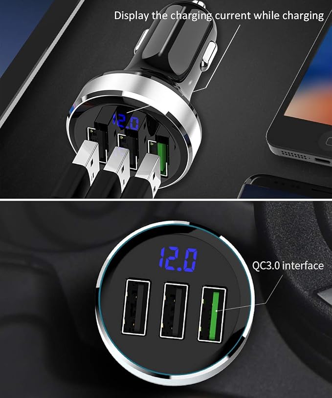 3 USB Car Charger,12V/24V Voltage Meter, Silver | QC3.0 Output 4.8A, Cigarette Lighter Plug Adapter Compatible with iPhone,iPad, Samsung, USB Charging Devices, Silver