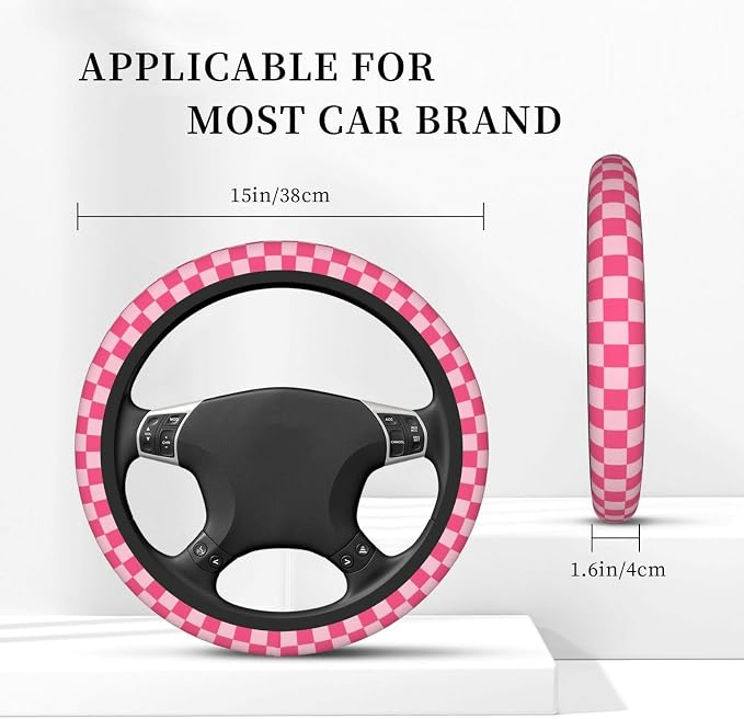 Hot Pink Checkered Steering Wheel Cover for Women, Steering Wheel Covers with Anti-Slip Lining, Universal 14.5-15 inchs Car Interior Accessories with 2PCS Car Coasters Suitable for Men and Women