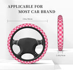 Hot Pink Checkered Steering Wheel Cover for Women, Steering Wheel Covers with Anti-Slip Lining, Universal 14.5-15 inchs Car Interior Accessories with 2PCS Car Coasters Suitable for Men and Women