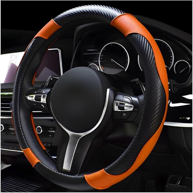 Car Steering Wheel Cover, 15 Inch Leather Breathable Auto Steering Wheel Protector, Comfortable Non-Slip Vehicle Steering Wheel Covers, Universal Car Accessories (Orange, with Lining)