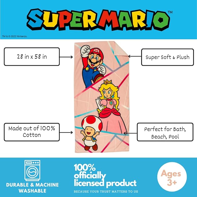 Super Mario Girl Princess Peach Kids Super Soft Cotton Bath/Pool/Beach Towel, 58 in x 28 in, (Officially Licensed Product) By