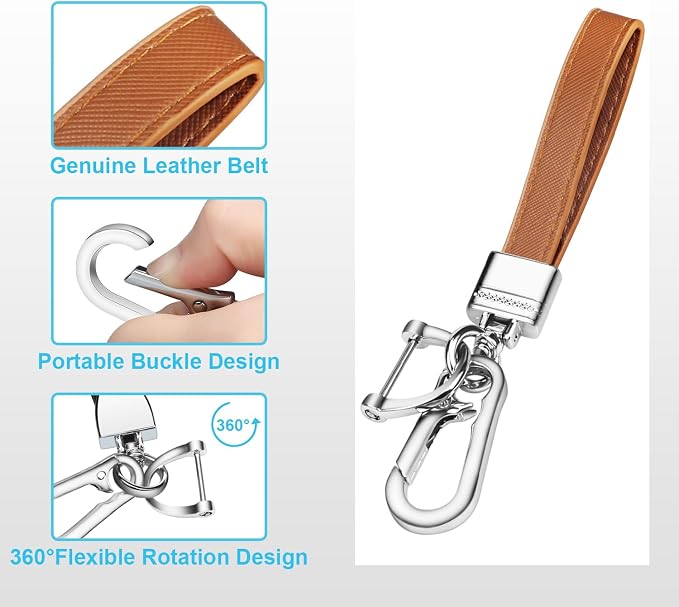 Genuine Leather Car Keychain,Universal Heavy Duty Metal Key Chain Accessories,Car Fob Key Keychain Holder with 360 Degree Rotatable Snap Swivel and Anti-Lost D-Ring for Men Women(Brown)