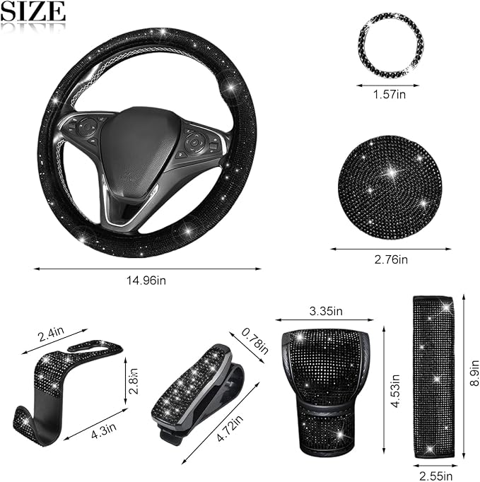 11PCS/Set Bling Car Accessories Set for Women, Rhinestone Vehicle Steering Wheel Cover Seat Belt Cushion Gear Shift Protector Cup Holder Coaster, Universal Automotive Accessories (Black)