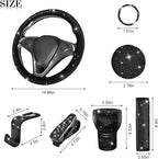 11PCS/Set Bling Car Accessories Set for Women, Rhinestone Vehicle Steering Wheel Cover Seat Belt Cushion Gear Shift Protector Cup Holder Coaster, Universal Automotive Accessories (Black)
