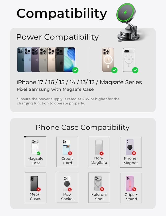 for 15W Magsafe Car Mount Charger, Magnetic Phone Holders for Your Car, Magnetic Wireless Car Charger, Suction Phone Mount for Car Accessories, Car Mount for iPhone 17 Pro Max 16 15 14 13 12 | [Lever Lock & Easiest Mount] Magsafe Car Mount Charge...