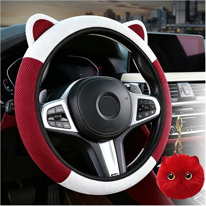 Steering Wheel Cover with Ears Keychain Fit 14-15 inch White Red | Cute Ears Car Steering Wheel Covers for Women Girls Elastic Breathable Steering Wheel Protector Accessories Universal Size