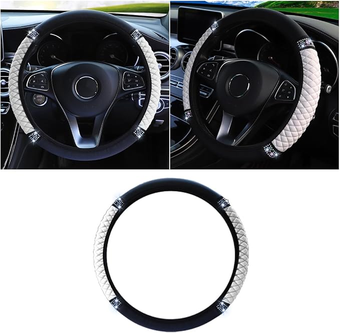 15 Inch Bling Soft Leather Car Steering Wheel Cover, White | Colorful Rhinestones Design, Auto Elastic Protector for Women Girls, Crystal Diamond Car Accessories for Most Cars, SUVs
