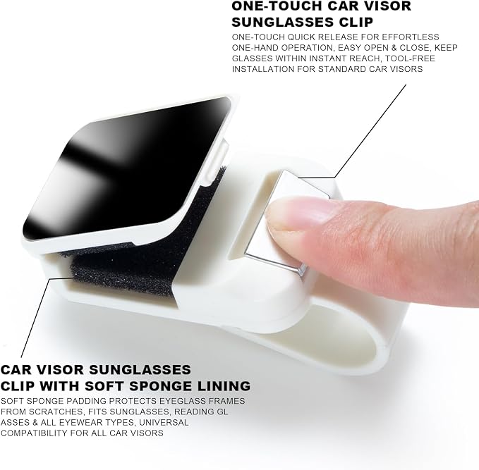 2 Pack Sunglasses Holder for Car, One-Handed-Operation Visor Sunglass Holder Clip, Easy Access Storage for Driving,Universal Fits (White)