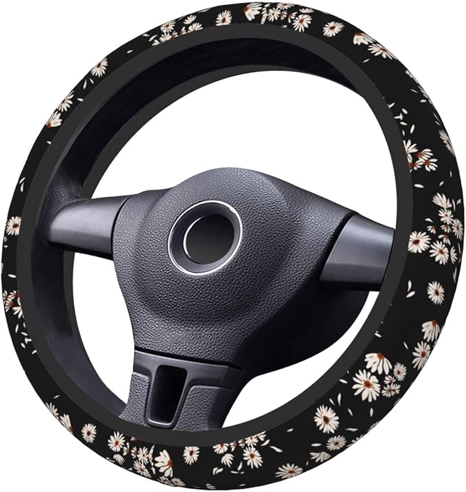 Black and White Daisies Elastic Steering Wheel Cover, Non-Slip Breathable Neoprene Steering Wheel Covers, Women Pink Car Accessories, Universal 15 Inch Fit Auto, Suvs, Truck