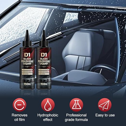 D1 Glass Polishing Liquid, 2025 Upgrade Car Glass Oil Film Remover and Auto Scratch Repair Compound, Car Glasses Polishing Compound, Anti-Fog Hydrophobic Coating Spray with Sponge (1)
