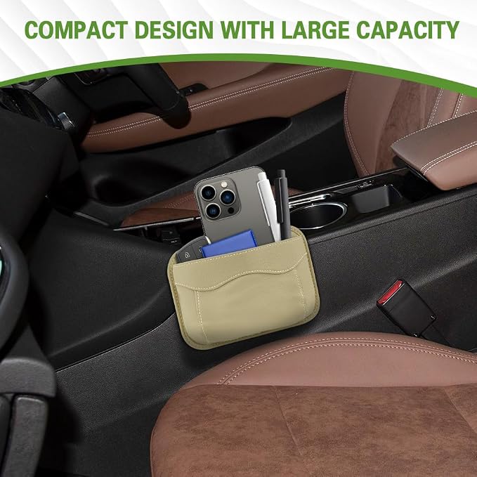 Car Seat Side Pocket Organizer, PU Leather Car Seat Gap Filler Bag, Car Seat Pocket Storage Bag for Phone, Keys, Sunglass, Wallet, Car Organizer Accessories for Seat, Door, Window (Beige)