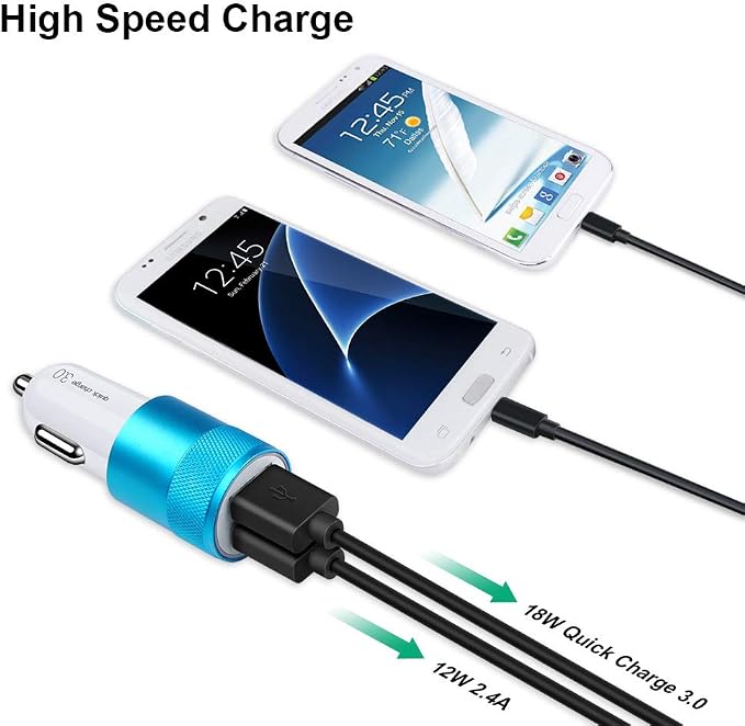 Fast Car Charger, Quick 5.4A/30W Dual USB, QC 3.0 & 2.4A, Compatible Samsung Galaxy S23 S22 S21 S20 S10 S9 S8 Note, iPhone, Blue, Minimalist Style