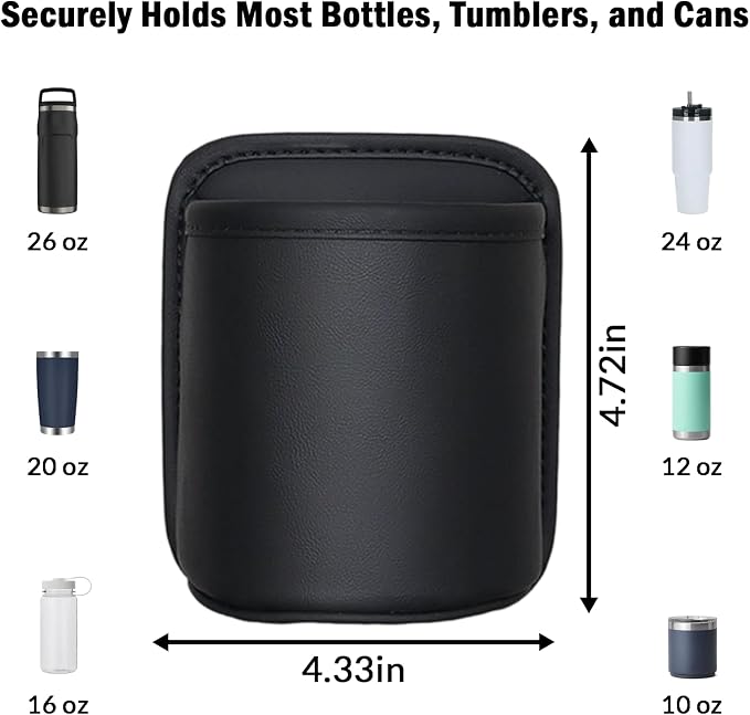 2 Pack Extra Cup Holder for Car, Clip-On Car Door Cup Holder Organizer, PU Leather Car Drink Holder for Small Bottle Coffee Cup Phone Keys Cards, Automotive Seat Pocket Storage, Black