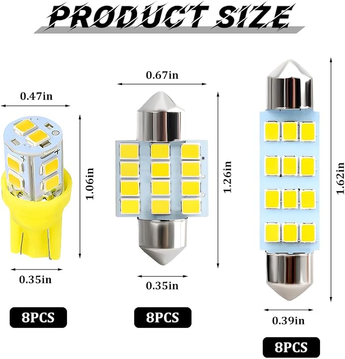 24PCS LED Interior Car Lights, T10 31mm 41mm Dome Bulb Kit, Yellow | 194 168 2825 DE3175 578 sockets, alloy PCB, output for map trunk license tag, plug in, automotive accessories