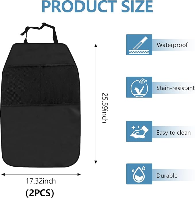 2PCS Kick Mats Back Seat Protector, Waterproof Oxford Car Front Seatback Protector for Kids, Seat Back Kick Mat Organizer with 2 Mesh Pockets, Universal Car Accessories (with Pocket)