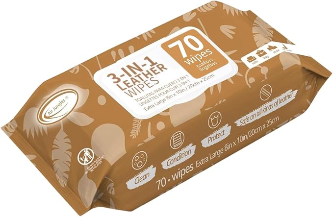 3in1 Leather Cleaner Wipes 70 Count, Extra Large 8" x 10" Size | Clean Condition Protect Wipes for Vinyl and Leather Apparel Furniture Auto Car Interior Shoes Boots Bags