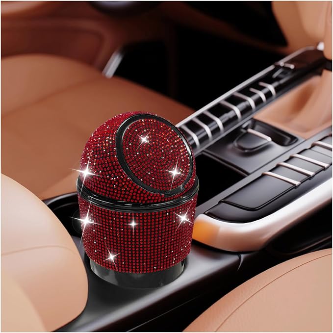Bling Car Trash Can with Lid, Rhinestone Leakproof Waterproof Auto Cup Holder Garbage Bin, Portable Multipurpose Vehicle Dustbin and Organizer for Home Office Kitchen Bedroom (Red)