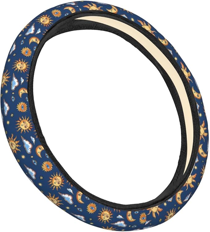 Sun and Moons Clouds Stars Eyes Steering Wheel Covers Anti-Slip Elasticity Car Accessories Steering Wheel Protector Universal 15 Inch for Cars SUV Vehicle Truck