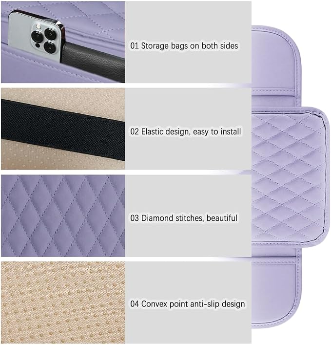 carleef Arm Rest Cover for Car,Leather+Memory Foam Center Console Cover with Storage Bags,Universal Middle Console Cover Car Accessories Interior for Most Cars Center Consoles (Purple)
