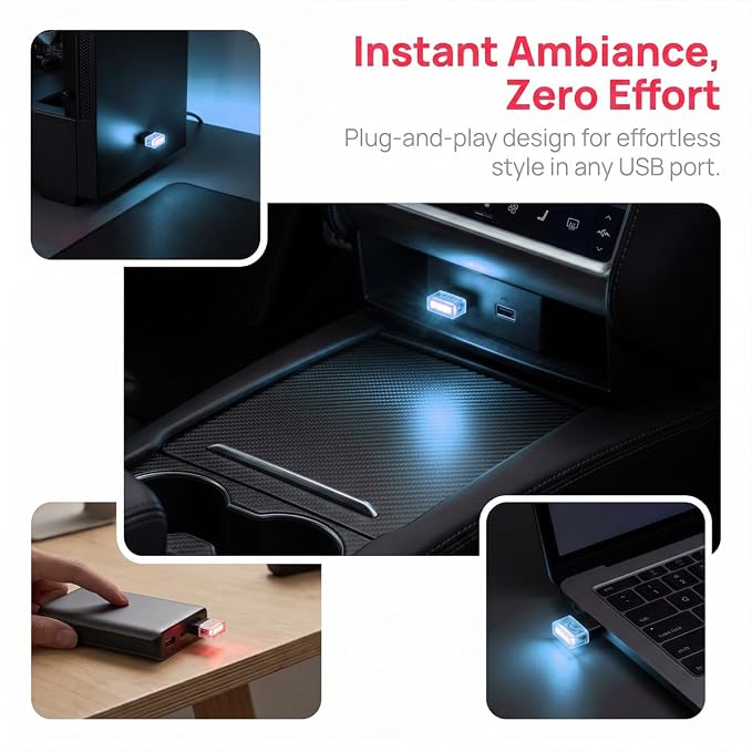 4PCS USB LED Car Interior Atmosphere Lamp, Portable Mini, Ice Blue | 5V USB-A plug-in, soft accent glow, no wiring, decor night light, car accessories for cars, SUVs, trucks