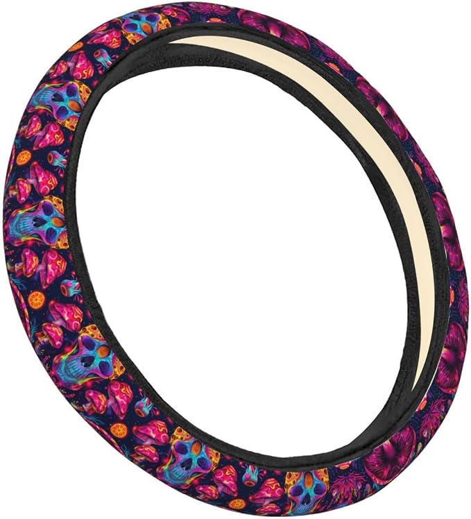 Neon Magic Mushrooms Skull Steering Wheel Covers Anti-Slip Elasticity Car Accessories Steering Wheel Protector Universal 15 Inch for Cars SUV Vehicle Truck