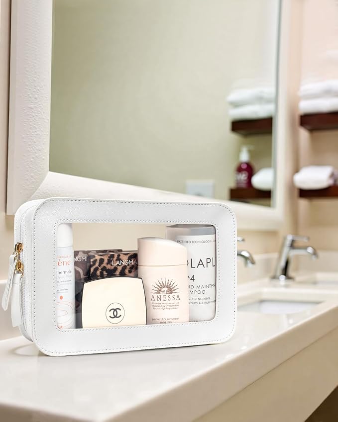 Clear Sunscreen Makeup Bags Pouch, TSA Approved Toiletry Bag with Zipper, Portable Make Up Organizer Traveling Compact Car Bag for Beach Essentials(Clear-White)