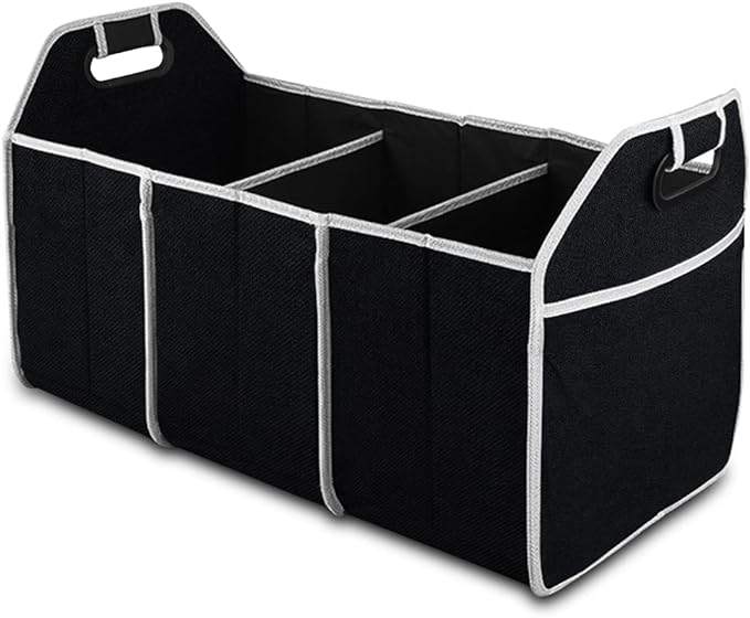 Car Trunk Organizer, Portable Foldable Waterproof Auto Storage Bag with 3 Compartments, Collapsible Cargo Trunk Groceries Organizer, Car Accessories Universal for SUV, Truck, Van, Sedan (Black2)
