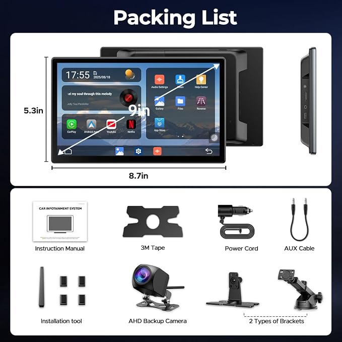 LAMTTO 9" Apple CarPlay Screen with Backup Camera & Streaming Apps | Portable 9-inch display for safer parking, preloaded Netflix YouTube & Bluetooth audio for on-the-go entertainment