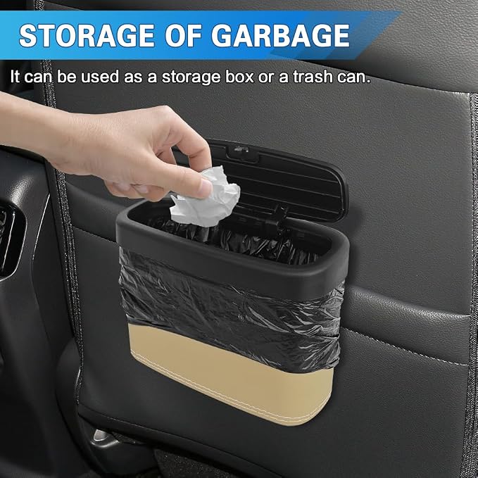 2PCS Car Trash Can with Lid, Press-Top Car Trash Bin with 30PCS Cars Trashs Bags, Small Automotive Dustbin Garbage Container Universal Fit Most Cars Office Home (2pcs-Beige)