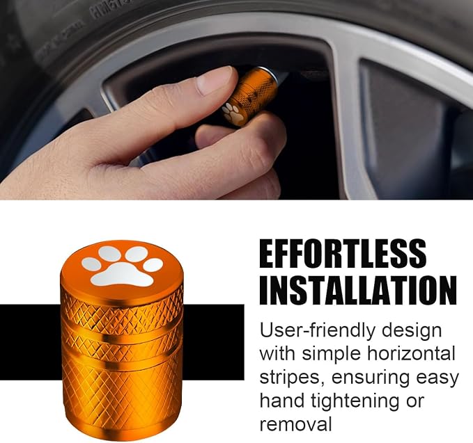 Tire Valve Stem Caps - (5 Pack) Metal Air Caps with Plastic Liner, Corrosion Resistant, Leak-Proof, Dog Cat Paw Universal Stem Covers for Cars Trucks Motorcycles and Bikes - Orange