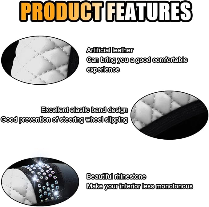 15 Inch Bling Soft Leather Car Steering Wheel Cover, White | Colorful Rhinestones Design, Auto Elastic Protector for Women Girls, Crystal Diamond Car Accessories for Most Cars, SUVs