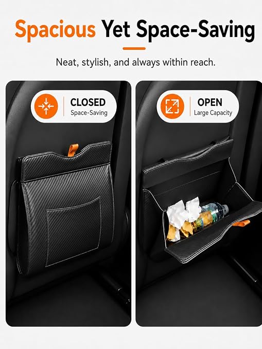 Leather Car Trash Can, Leak-Proof Odor-Lock Car Garbage Can with 60 Liners, Magnetic Closure & Liner-Hold, Storage Pocket, Metal Hooks, Hanging Car Trash Bin for SUV Sedan Truck, Carbon Fiber